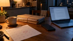 Un ordinateur portable allumé la nuit sur une table de cuisine, près de dossiers en papier et d’un calendrier où une date est encerclée.