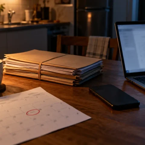 Un ordinateur portable allumé la nuit sur une table de cuisine, près de dossiers en papier et d’un calendrier où une date est encerclée.