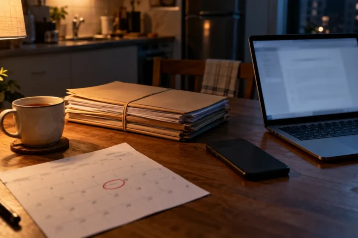 Un ordinateur portable allumé la nuit sur une table de cuisine, près de dossiers en papier et d’un calendrier où une date est encerclée.