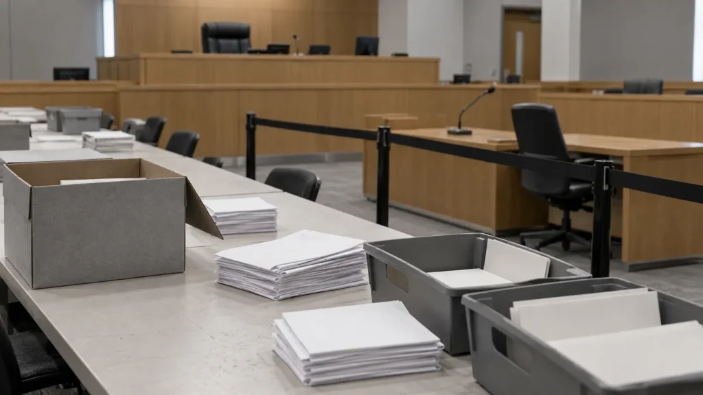 Salle d’audience aménagée pour un dépouillement, avec un cordon séparant la table des avocats des bulletins