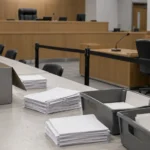 Salle d’audience aménagée pour un dépouillement, avec un cordon séparant la table des avocats des bulletins