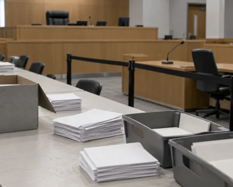 Salle d’audience aménagée pour un dépouillement, avec un cordon séparant la table des avocats des bulletins