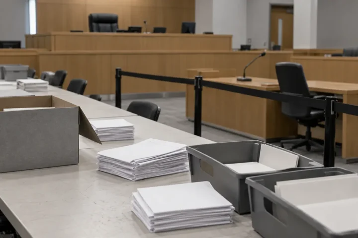 Salle d’audience aménagée pour un dépouillement, avec un cordon séparant la table des avocats des bulletins
