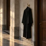Toge noire suspendue à un crochet dans un couloir de palais de justice désert