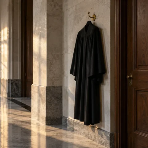 Toge noire suspendue à un crochet dans un couloir de palais de justice désert