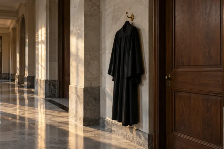 Toge noire suspendue à un crochet dans un couloir de palais de justice désert