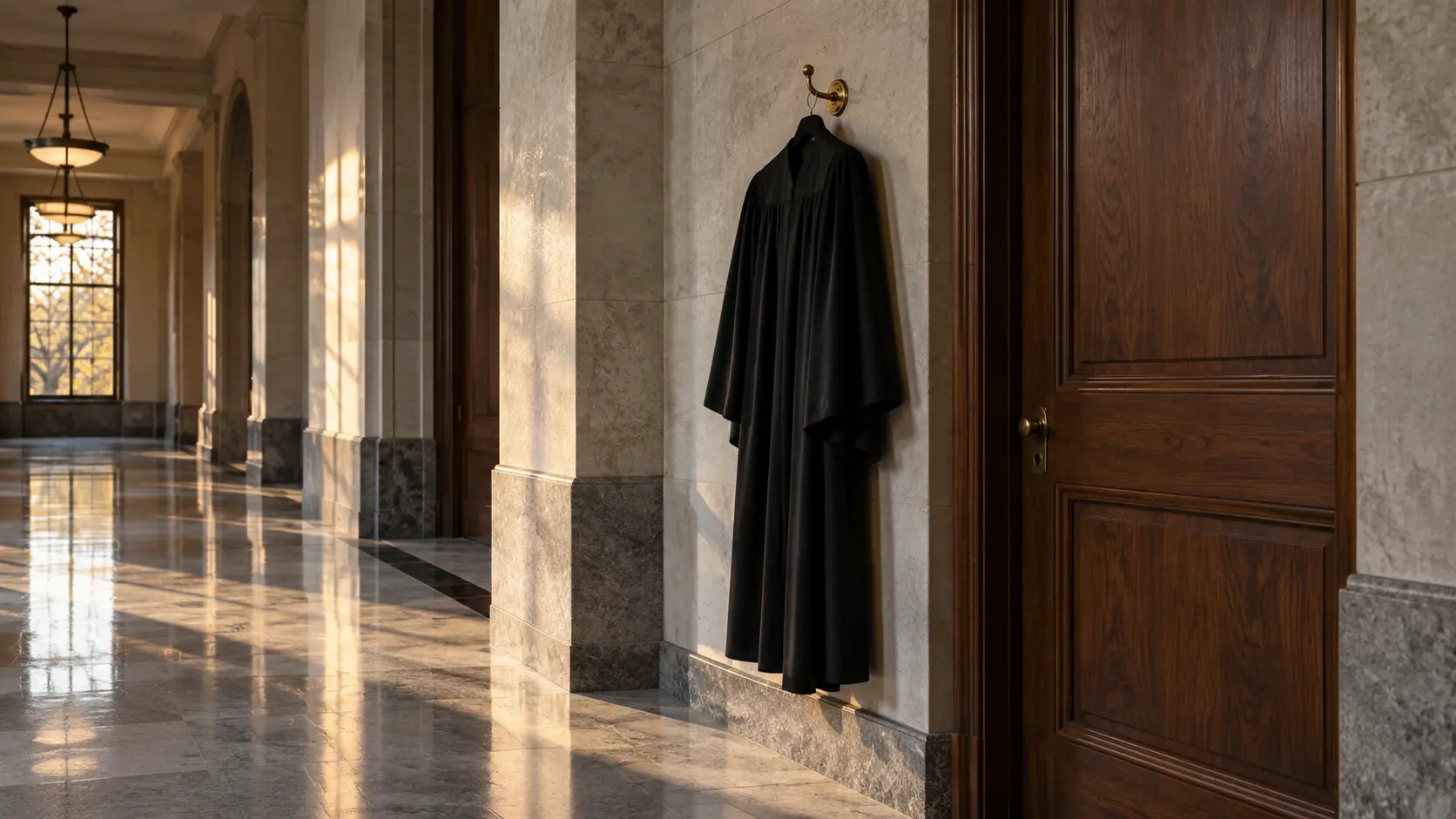 Toge noire suspendue à un crochet dans un couloir de palais de justice désert