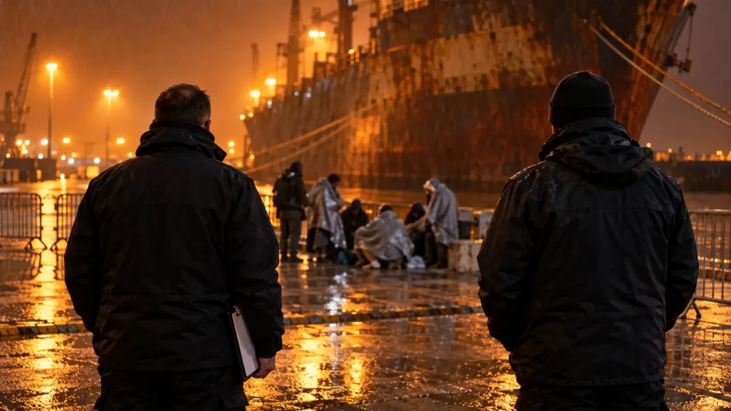 Quai portuaire de nuit, personnes sous des couvertures surveillées par deux agents, cargo rouillé au loin