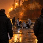 Quai portuaire de nuit, personnes sous des couvertures surveillées par deux agents, cargo rouillé au loin