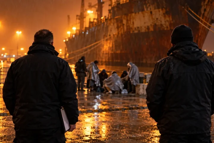 Quai portuaire de nuit, personnes sous des couvertures surveillées par deux agents, cargo rouillé au loin