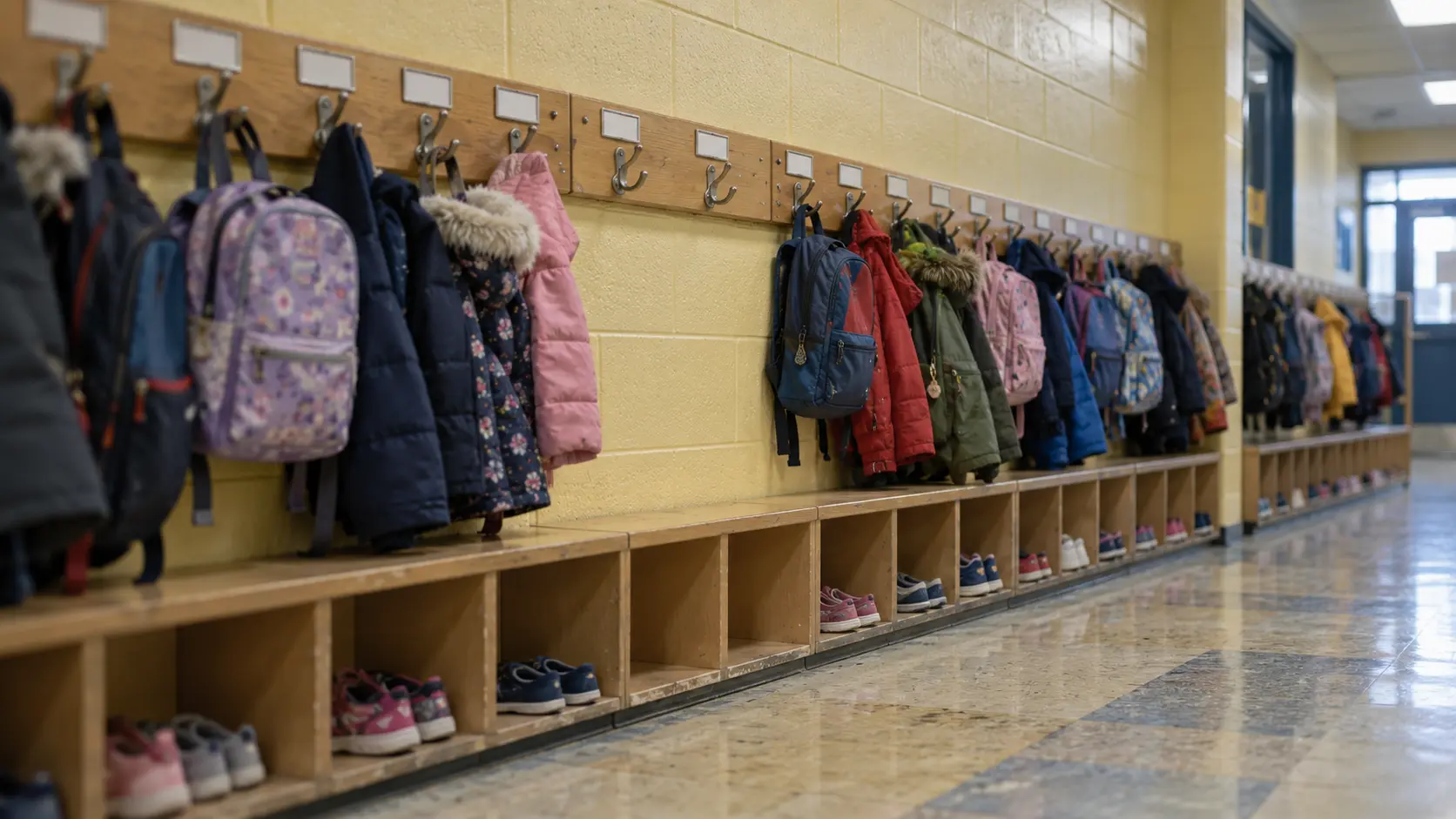 Deux crochets vides au milieu d'une rangée de manteaux dans un vestiaire d'école primaire