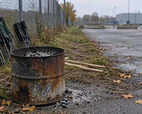 Baril éteint et chaises pliées contre une clôture, au bord d'un stationnement industriel