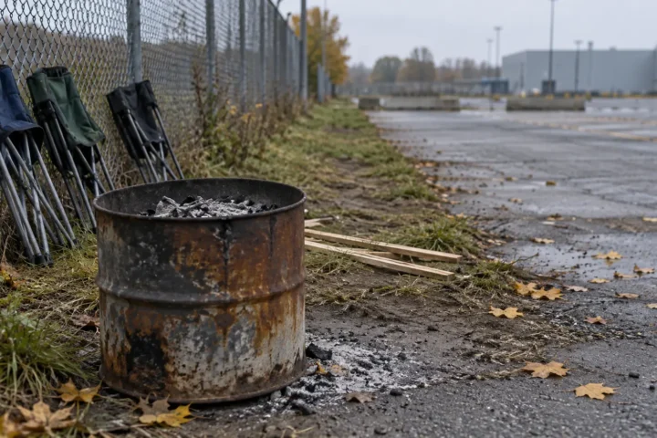Baril éteint et chaises pliées contre une clôture, au bord d'un stationnement industriel