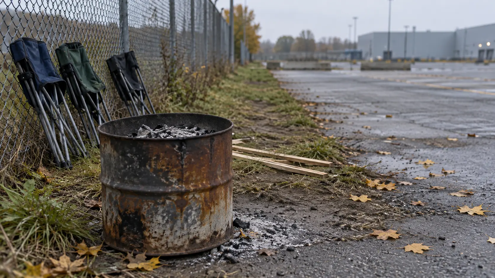 Baril éteint et chaises pliées contre une clôture, au bord d'un stationnement industriel