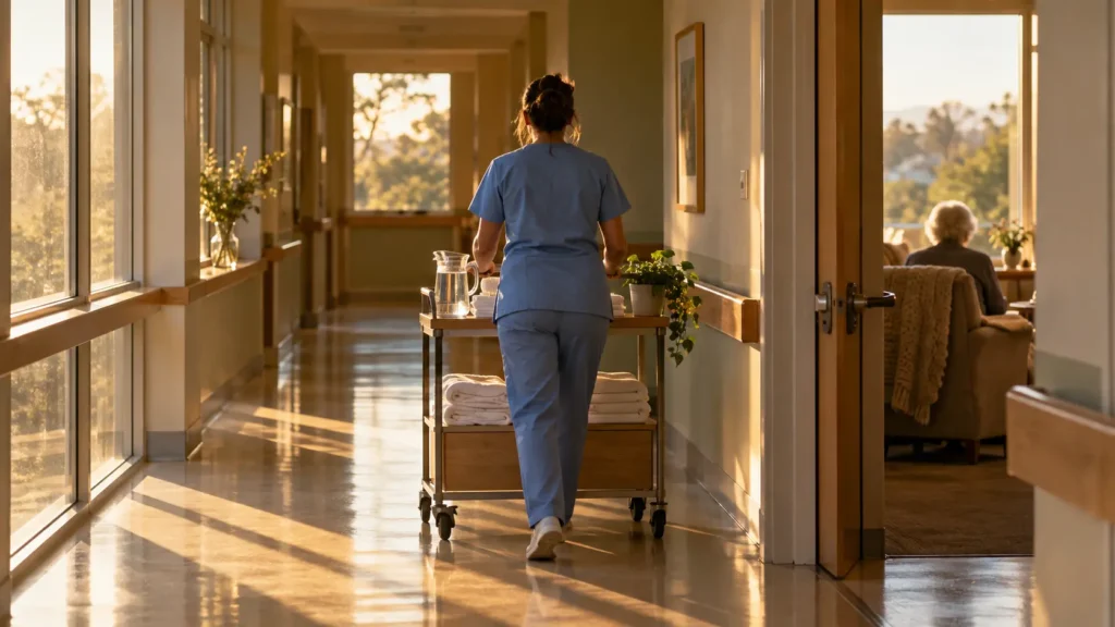 Soignante de dos poussant un chariot dans un corridor de soins palliatifs, chambre floue où une personne âgée est assise