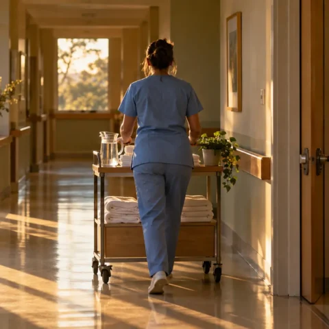 Soignante de dos poussant un chariot dans un corridor de soins palliatifs, chambre floue où une personne âgée est assise