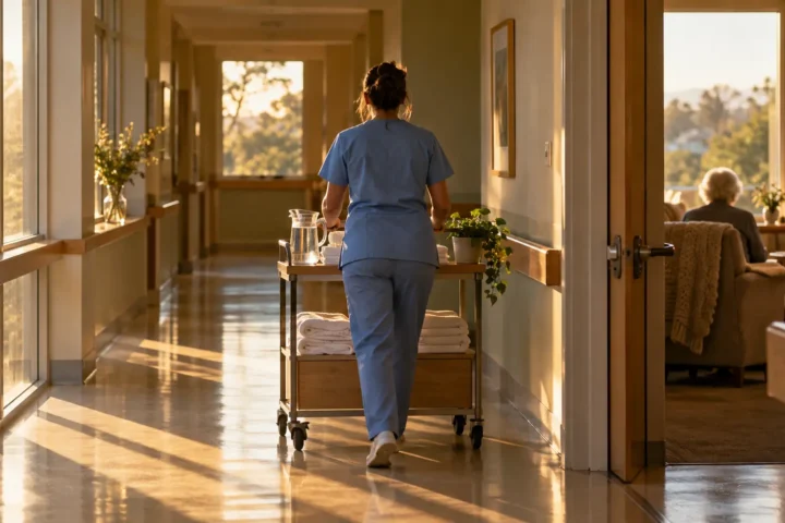 Soignante de dos poussant un chariot dans un corridor de soins palliatifs, chambre floue où une personne âgée est assise