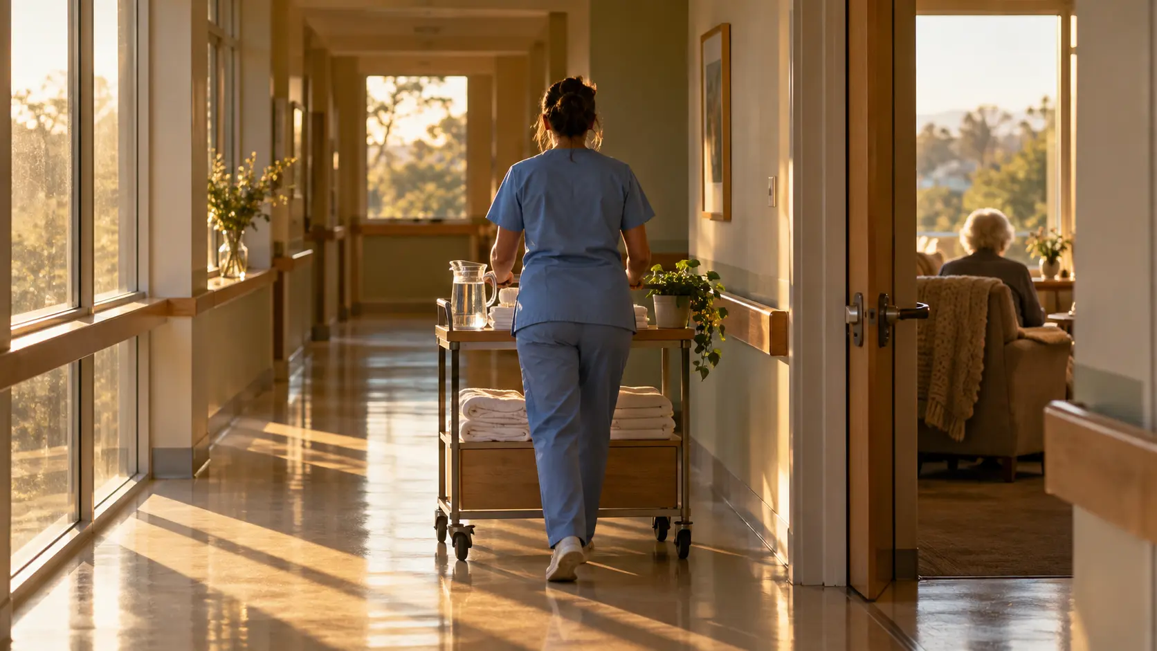 Soignante de dos poussant un chariot dans un corridor de soins palliatifs, chambre floue où une personne âgée est assise