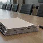 Pile de notices d'offre reliées sur une table de conférence, pages floues illisibles