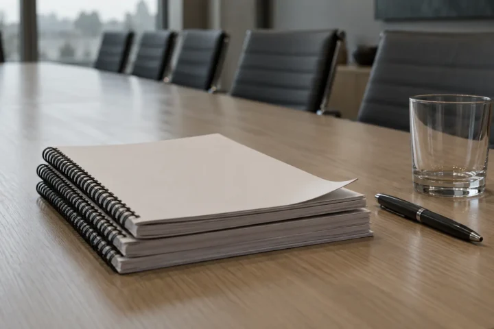 Pile de notices d'offre reliées sur une table de conférence, pages floues illisibles