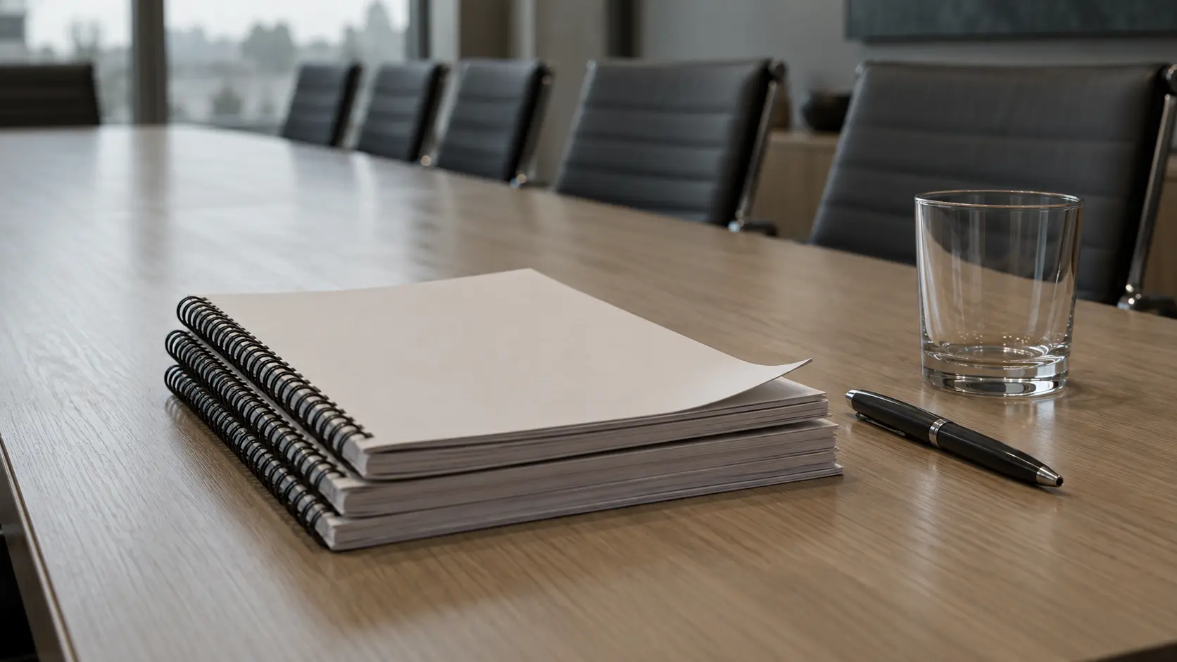 Pile de notices d'offre reliées sur une table de conférence, pages floues illisibles