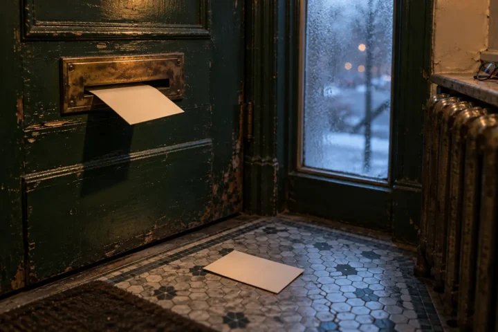 Une carte vierge coincée dans la fente d'une boîte aux lettres de porte, une seconde carte identique tombée sur le carrelage.
