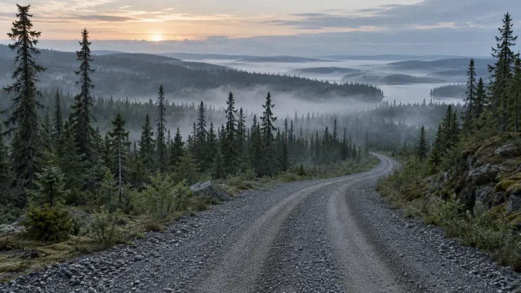 Route de gravier déserte traversant une forêt boréale brumeuse à l’aube