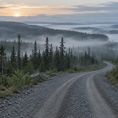Route de gravier déserte traversant une forêt boréale brumeuse à l’aube