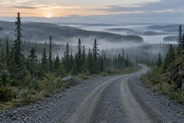 Route de gravier déserte traversant une forêt boréale brumeuse à l’aube