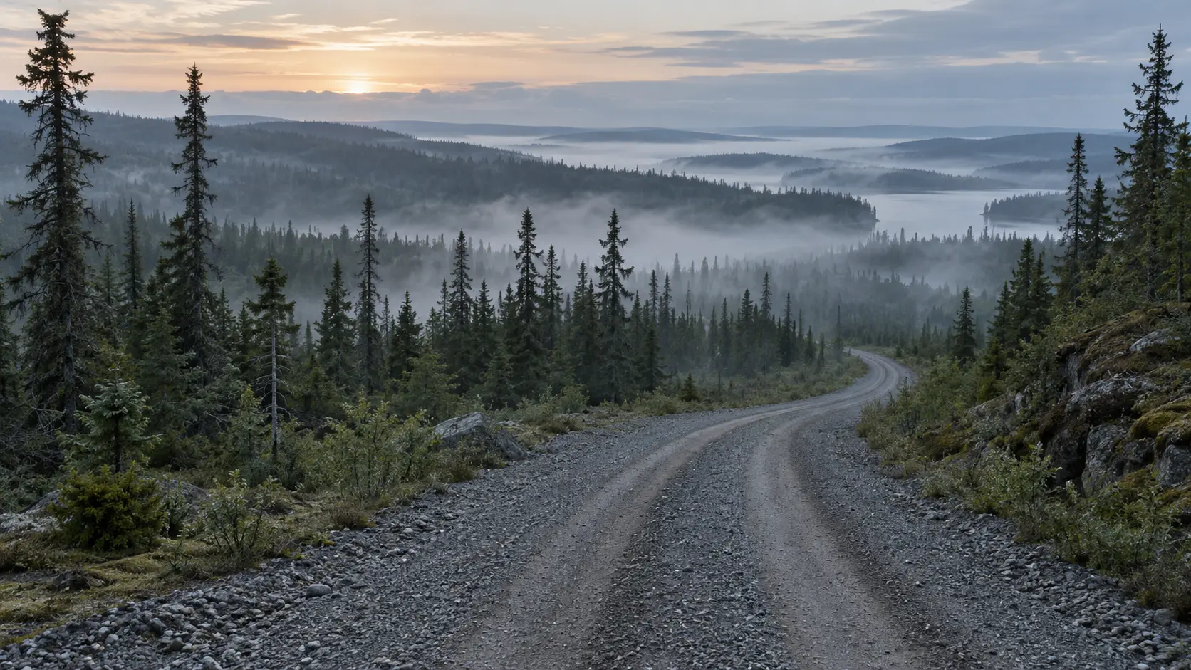 Route de gravier déserte traversant une forêt boréale brumeuse à l’aube