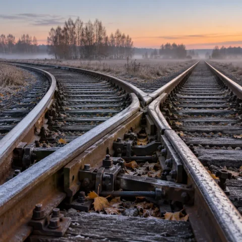 Aiguillage ferroviaire givré au petit matin, une voie se séparant en deux
