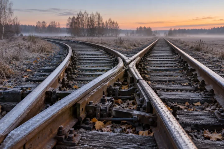 Aiguillage ferroviaire givré au petit matin, une voie se séparant en deux