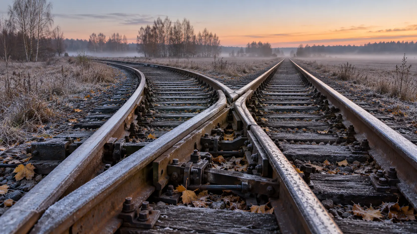 Aiguillage ferroviaire givré au petit matin, une voie se séparant en deux