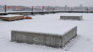 Toit enneigé de chantier où deux bases carrées en béton semblent pleines