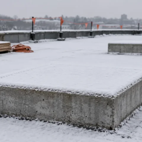 Toit enneigé de chantier où deux bases carrées en béton semblent pleines