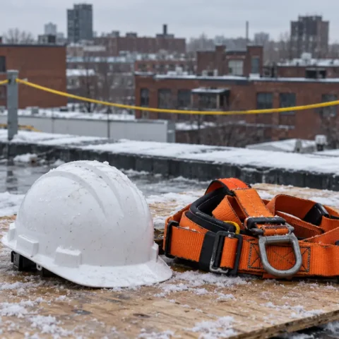 Casque de chantier et harnais posés sur un contreplaqué enneigé, sur un toit plat