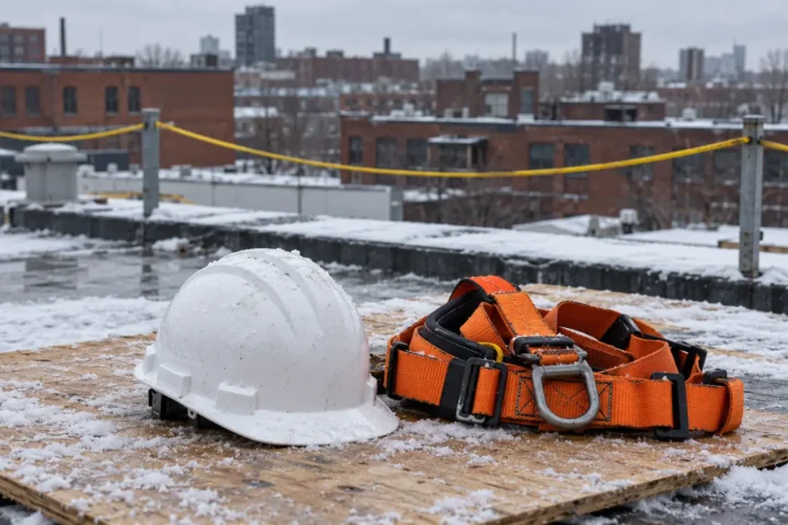 Casque de chantier et harnais posés sur un contreplaqué enneigé, sur un toit plat