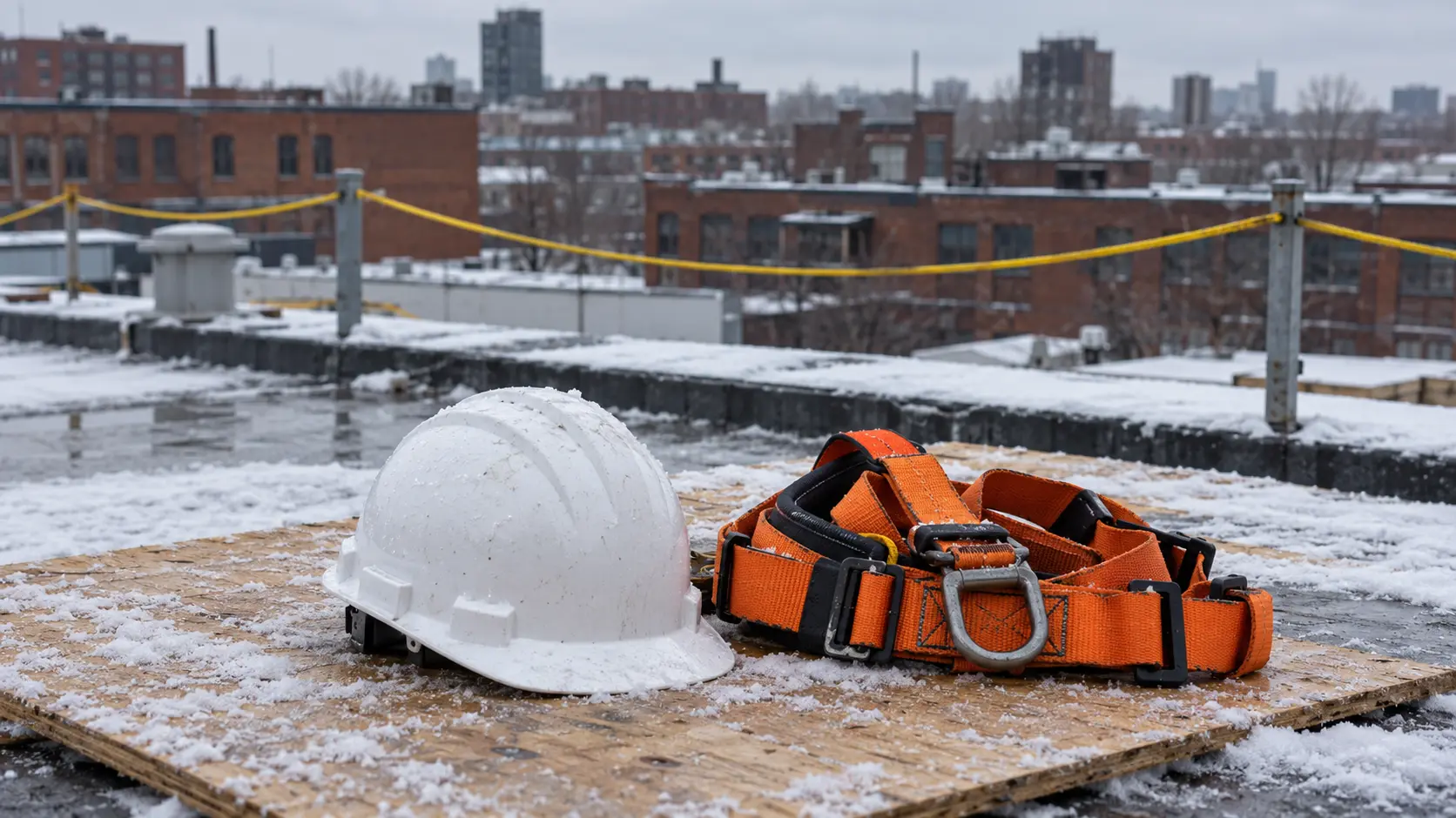 Casque de chantier et harnais posés sur un contreplaqué enneigé, sur un toit plat