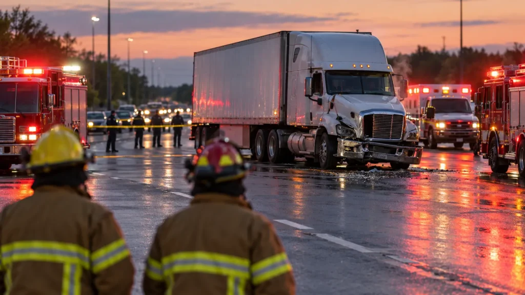 Camion lourd endommagé immobilisé sur une autoroute au crépuscule, entouré de camions de pompiers et d'une ambulance, deux pompiers vus de dos