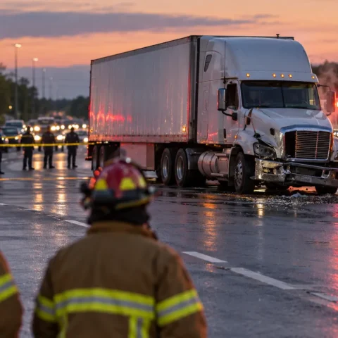 Camion lourd endommagé immobilisé sur une autoroute au crépuscule, entouré de camions de pompiers et d'une ambulance, deux pompiers vus de dos