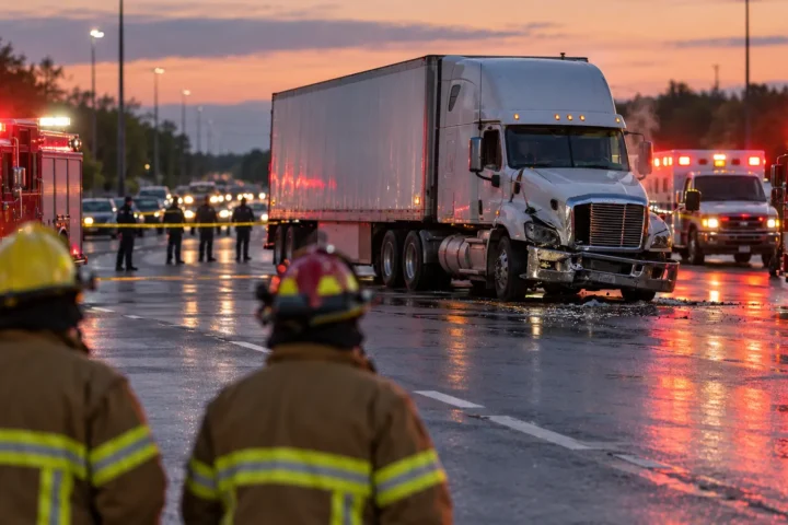 Camion lourd endommagé immobilisé sur une autoroute au crépuscule, entouré de camions de pompiers et d'une ambulance, deux pompiers vus de dos