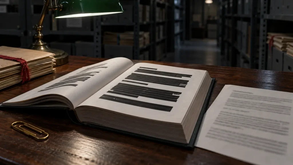 Un rapport relié ouvert sur une page aux paragraphes masqués de bandes noires, à côté d'une feuille où le même texte apparaît, sur une table d'archives.