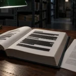 Un rapport relié ouvert sur une page aux paragraphes masqués de bandes noires, à côté d'une feuille où le même texte apparaît, sur une table d'archives.
