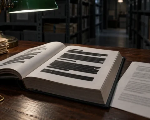 Un rapport relié ouvert sur une page aux paragraphes masqués de bandes noires, à côté d'une feuille où le même texte apparaît, sur une table d'archives.