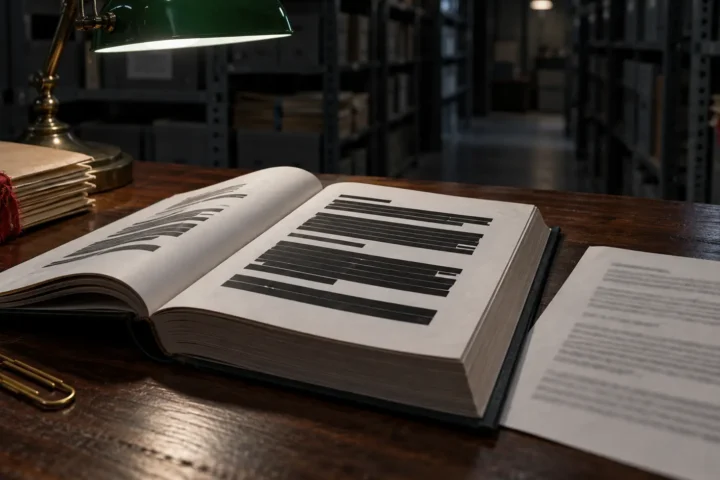 Un rapport relié ouvert sur une page aux paragraphes masqués de bandes noires, à côté d'une feuille où le même texte apparaît, sur une table d'archives.