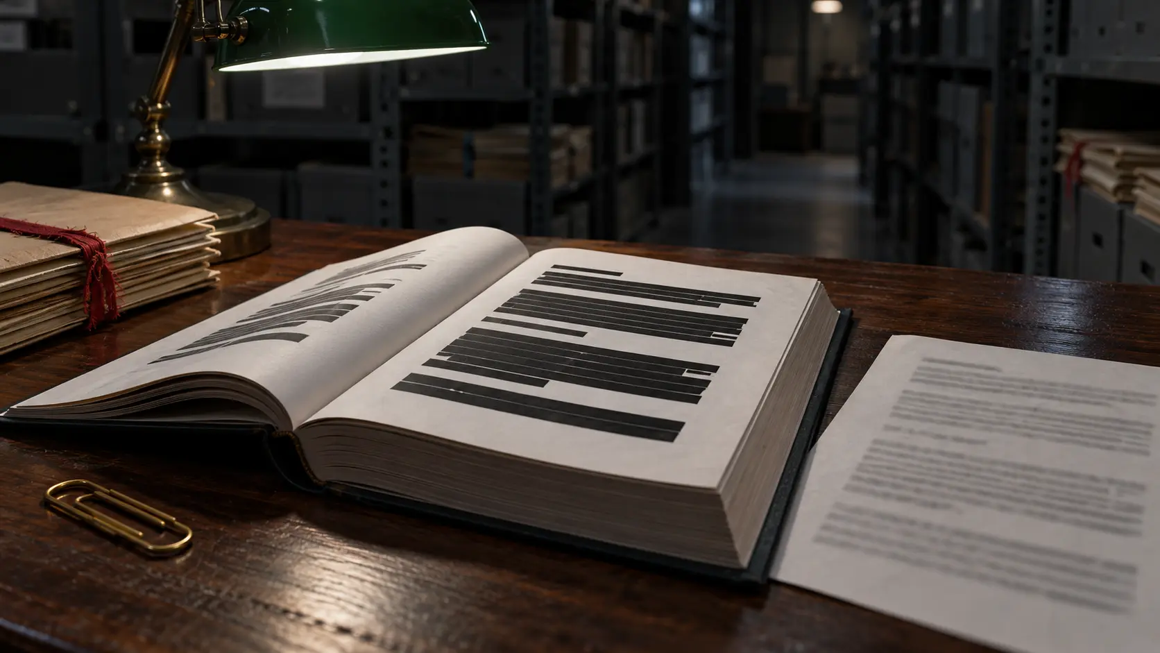 Un rapport relié ouvert sur une page aux paragraphes masqués de bandes noires, à côté d'une feuille où le même texte apparaît, sur une table d'archives.