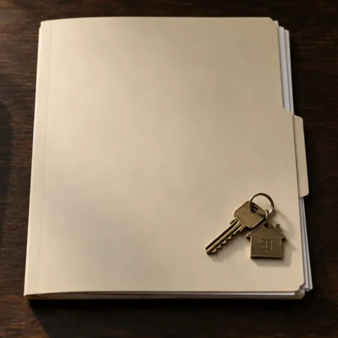 Dossier de prêt fermé sur un bureau, deux stylos identiques face à face et un trousseau de clés