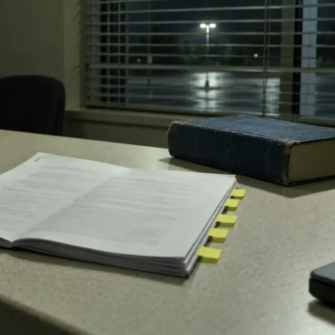 Un mémoire juridique ouvert sur un comptoir de bureau, cinq onglets jaunes vierges dépassant d'une page, à côté d'un recueil de jurisprudence fermé.
