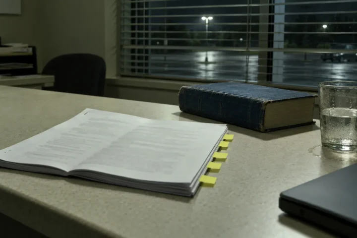 Un mémoire juridique ouvert sur un comptoir de bureau, cinq onglets jaunes vierges dépassant d'une page, à côté d'un recueil de jurisprudence fermé.