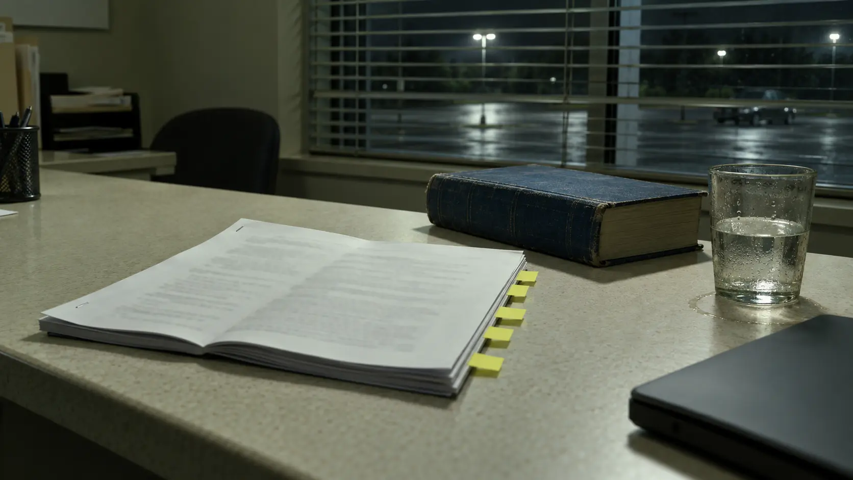 Un mémoire juridique ouvert sur un comptoir de bureau, cinq onglets jaunes vierges dépassant d'une page, à côté d'un recueil de jurisprudence fermé.